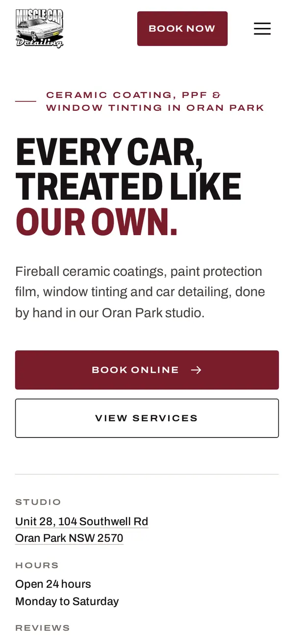 The Muscle Car Detailing website on a phone